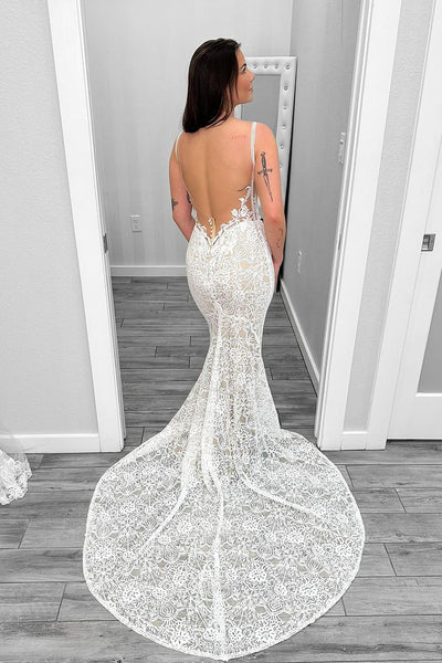 Elegant Mermaid V Neck Lace Wedding Dresses VK24020702