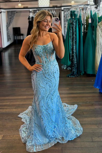 Light Blue Scoop Neck Sequin Appliques Mermaid Prom Dress VK24030405