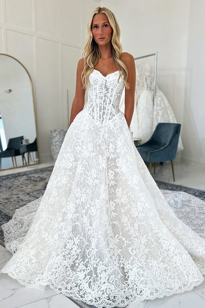 A Line Sweetheart Lace Bohemian Wedding Dresses for Bride with Train VK25101402