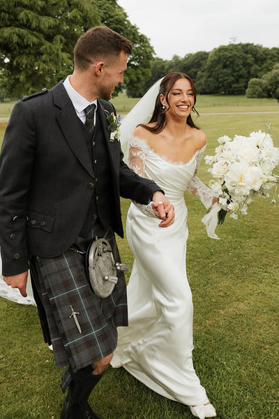 Elegant Mermaid Off the Shoulder Satin Wedding Dresses with Lace Long Sleeves VK25092303