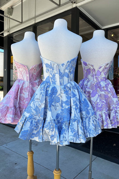 Strapless Blue Floral A-line Short Dress