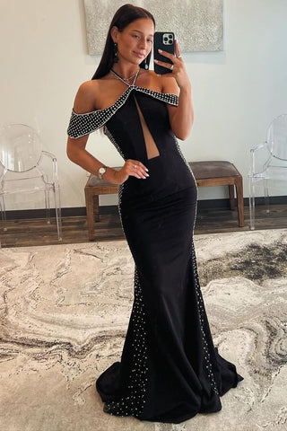 Black Halter Satin Mermaid Long Prom Dresses with Beading VK24031701