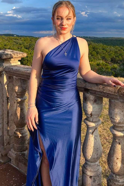 Sage Green One Shoulder Pleats Long Prom Dresses with Slit VK26011109