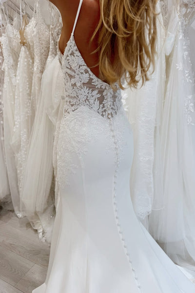 Charming Mermaid Spaghetti Straps Satin Wedding Dresses with Lace Train VK25093003