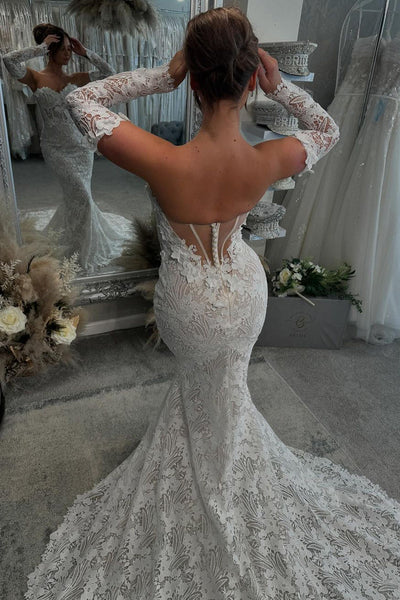 Mermaid Sweetheart Lace Long Wedding Dresses with Long Sleeves