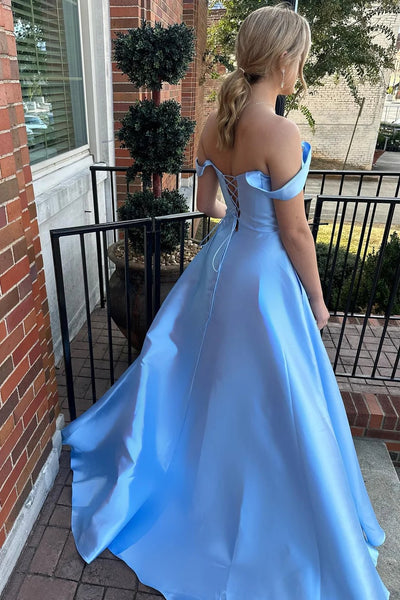 Simple A-Line Off the Shoulder Light Blue Satin Prom Dress VK23112906