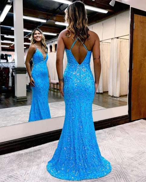 Cute Mermaid V Neck Blue Lace Sequins Long Prom Dress with Backless