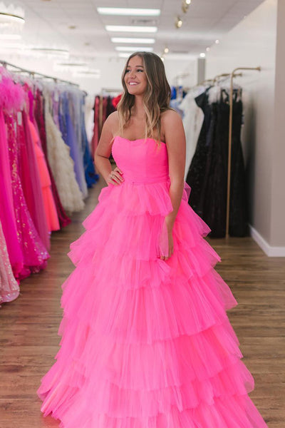 Pink Sweetheart Ruffle Tiered Long Prom Dresses VK24011505