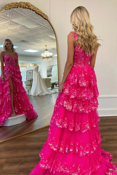 Hot Pink Floral Straps Layers Sequined Long Prom Dress with Slit VK23112702