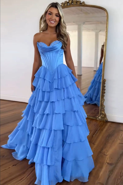 Gorgeous A Line Sweetheart Blue Tiered Chiffon Long Prom Dresses