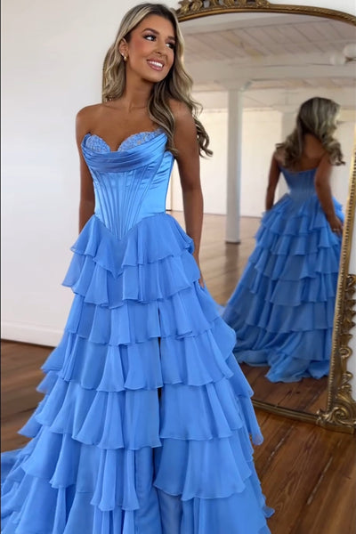 Gorgeous A Line Sweetheart Blue Tiered Chiffon Long Prom Dresses