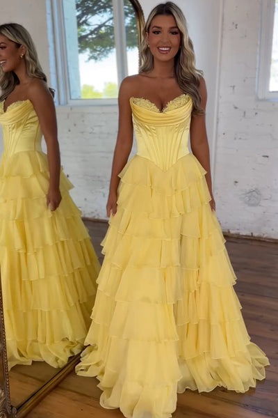 Gorgeous A Line Sweetheart Blue Tiered Chiffon Long Prom Dresses