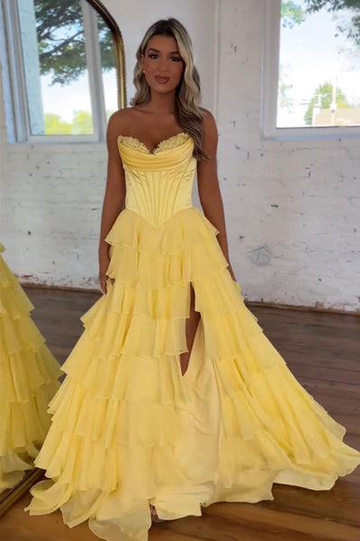 Gorgeous A Line Sweetheart Blue Tiered Chiffon Long Prom Dresses