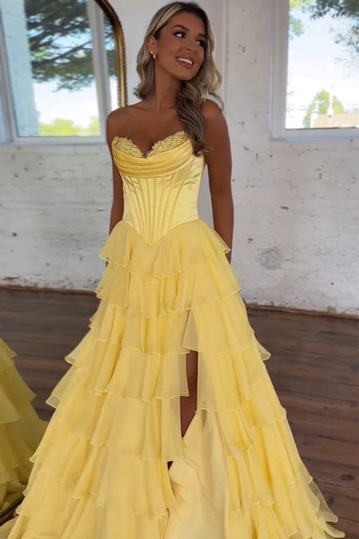 Gorgeous A Line Sweetheart Blue Tiered Chiffon Long Prom Dresses