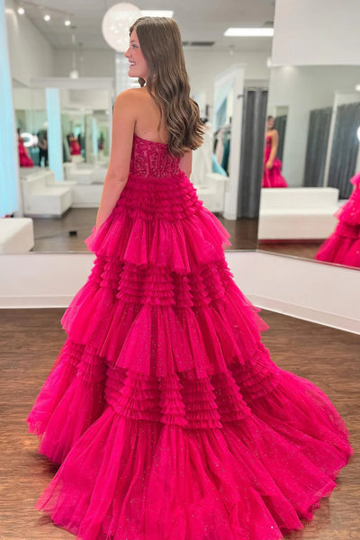 Glitter Fuchsia Tulle Tiered Corset Long Prom Dress with Lace VK23101309