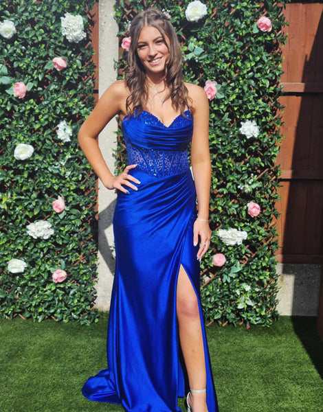 Elegant Mermaid Sweetheart Rose Gold Prom Dress with Slit and Beading