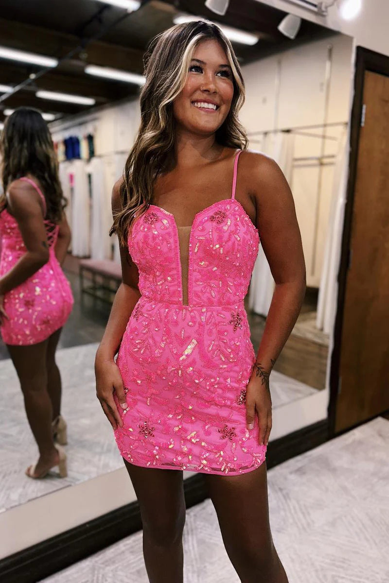 Hot Pink Spaghetti Straps Sequin Lace Tight Short Homecoming Dress VK23090302