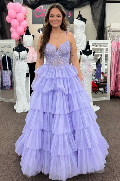 A-Line Ruffle Tiered Tulle Long Prom Dresses with Appliques VK24020805