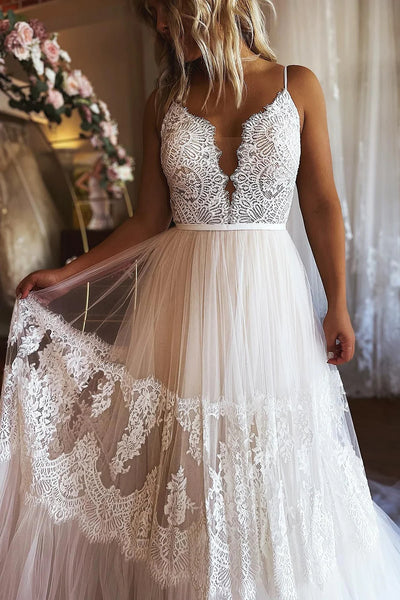 Ivory Boho A-Line Long Tulle Wedding Dress with Lace VK23101707