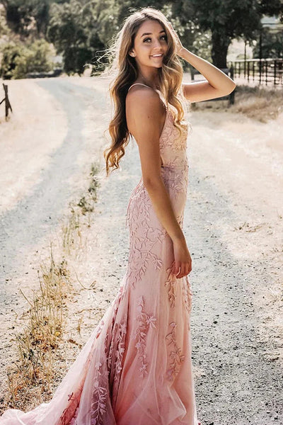 Blue Mermaid Tulle Backless Long Prom Dress with Lace VK23092301