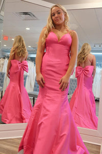Pink V Neck Satin Mermaid Long Prom Dresses with Bow VK24022001