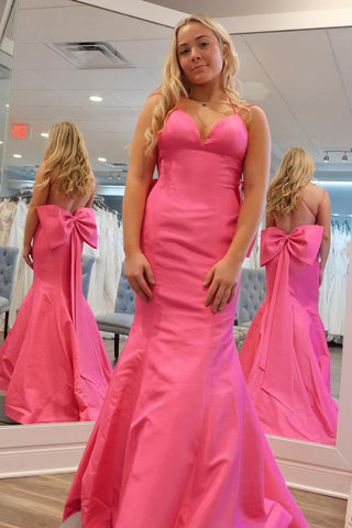 Pink V Neck Satin Mermaid Long Prom Dresses with Bow VK24022001