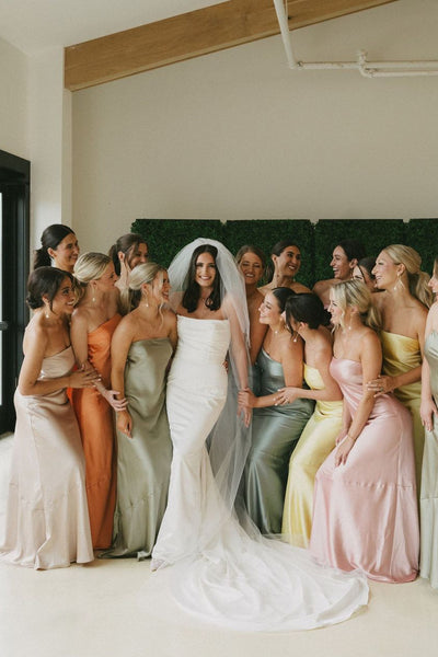 Romantic Sheath Strapless Colorful Silk Satin Long Bridesmaid Dresses VK24101302