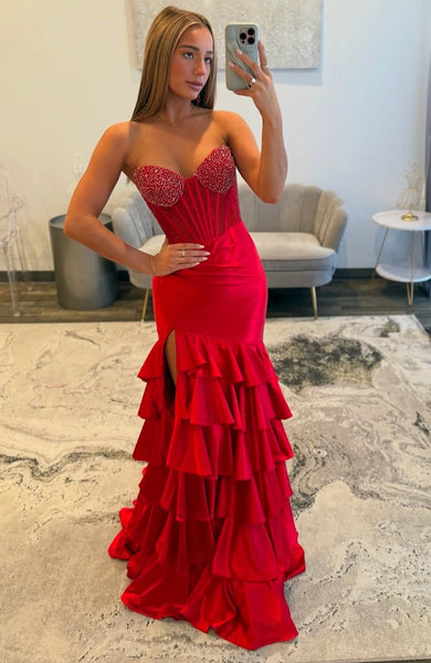 Mermaid Sweetheart Red Satin Ruffles Corset Beaded Long Prom Dresses with Side Slit VK25101506