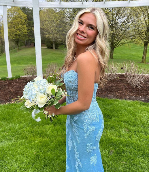 Cute Mermaid Sweetheart Light Blue Sequins Long Prom Dresses with Appliques VK23051908