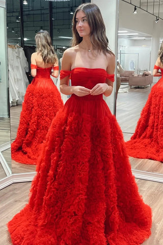 Off-the-Shoulder Red Ruffle Long Prom Dress with Slit VK24010902