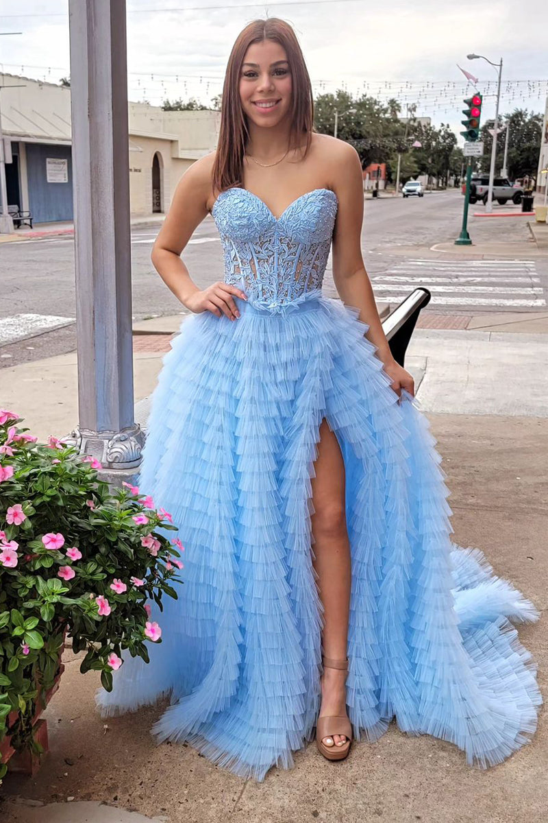 Sweetheart Blue Tulle A-Line Tiered Long Prom Dress with Slit VK23101201