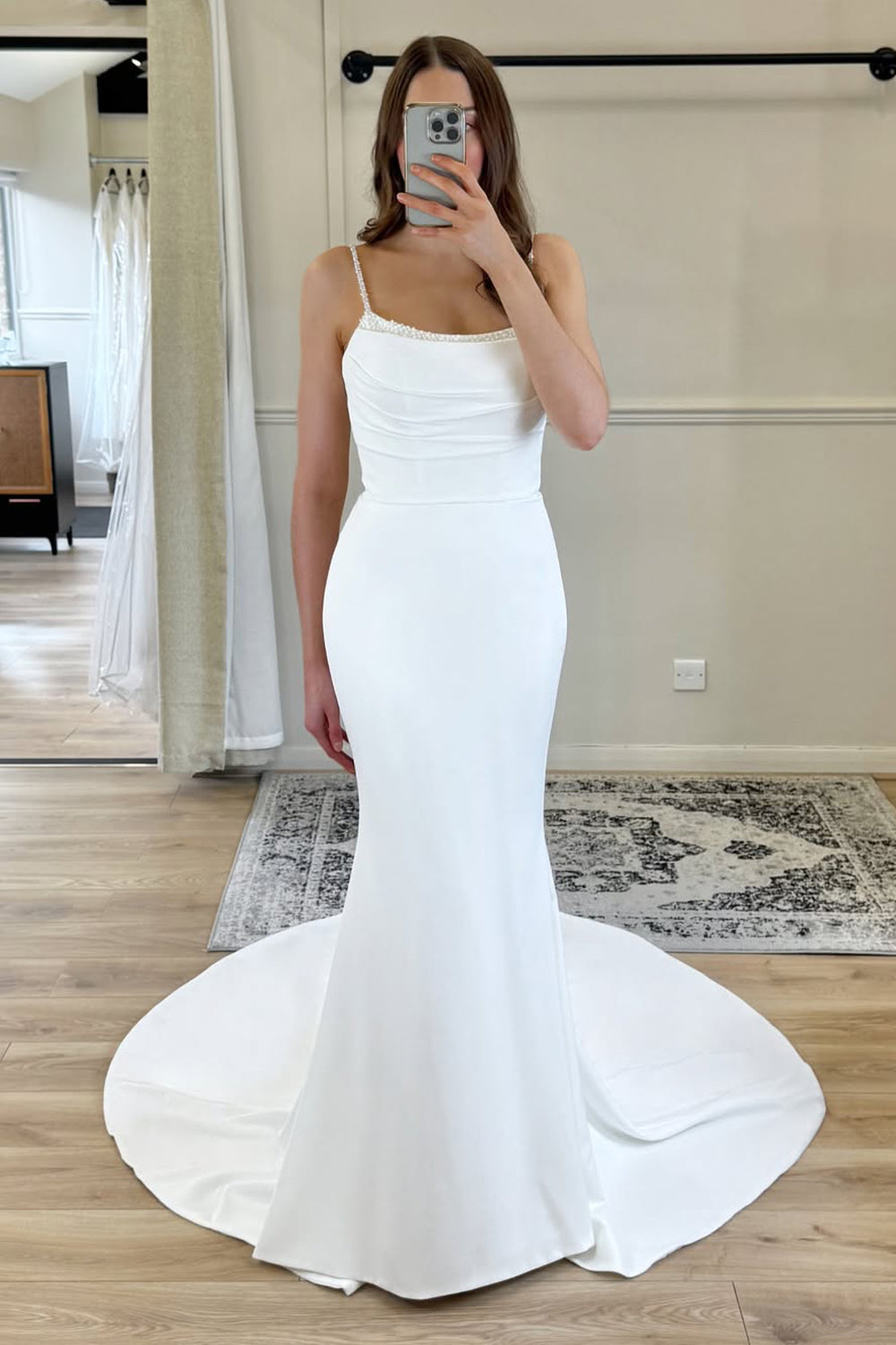 Charming Mermaid Scoop Neck Elastic Satin Long Wedding Dress with Beading VK25060902