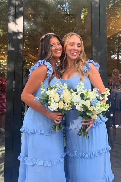 Ruffles Blue Chiffon A-line Long Bridesmaid Dress