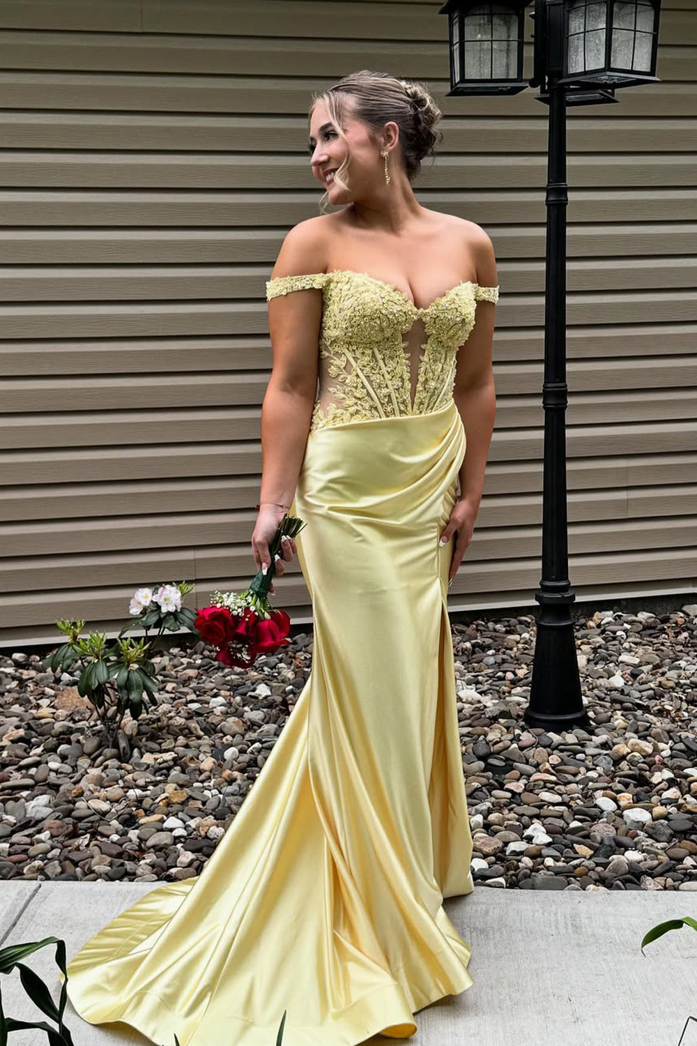Cute Mermaid Off the Shoulder Yellow Satin Prom Dress with Appliques VK25052407