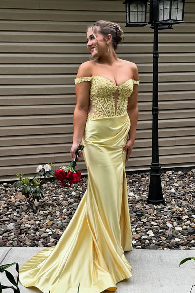 Cute Mermaid Off the Shoulder Yellow Satin Prom Dress with Appliques VK25052407