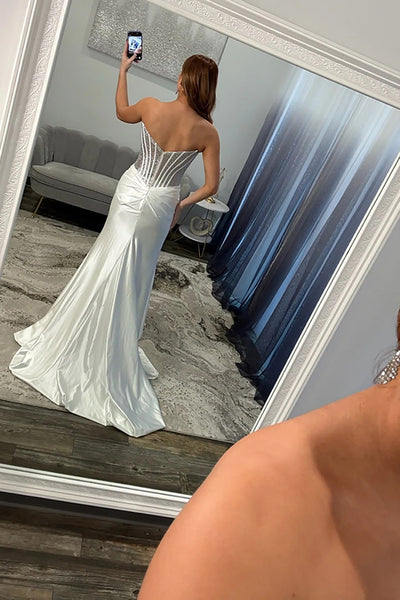 Mermaid Strapless Gold Satin Beaded Long Prom Dresses with Slit VK26010703