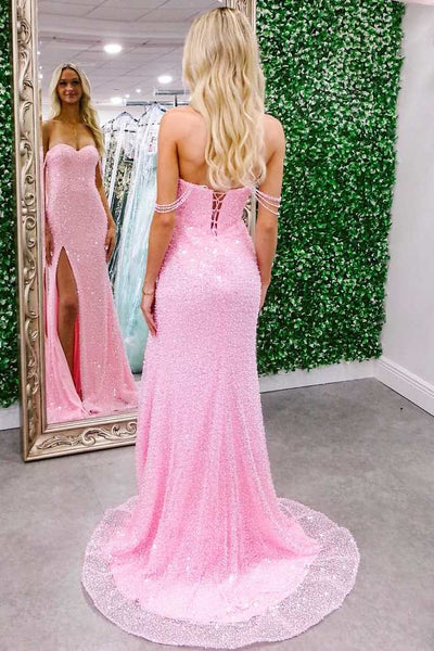 Mermaid Off the Shoulder Pink Sequins Long Prom Dresses with Slit VK26011303