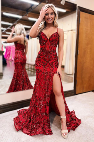 Red V Neck Sequins Lace Mermaid Prom Dresses with Slit VK24031805