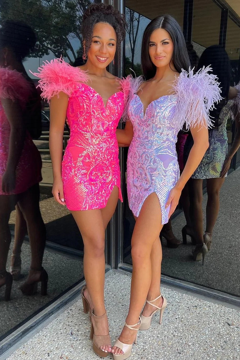 Stylish Sheath Fuchsia/Lilac Short Homecoming Dress with Feather VK23083102