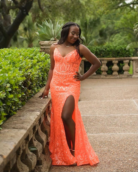 Sparkly Mermaid V Neck Orange Lace Sequins Long Prom Dresses with Slit VK23052207