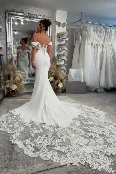 Elegant Mermaid Off the Shoulder Elastic Satin Wedding Dress with Lace VK16012912