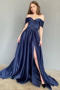 A Line Off the Shoulder Navy Long Prom Dress with Split Front VK23111401