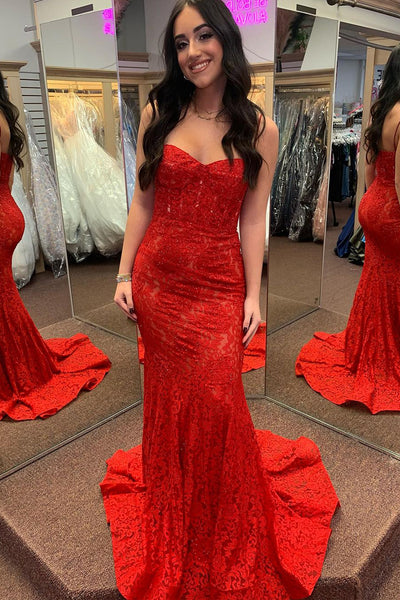Red Sweetheart Lace Beaded Mermaid Long Prom Dresses VK24022203