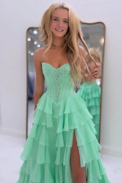 Glamorous A Line Sweetheart Navy Tiered Chiffon Prom Dress with Slit VK162406