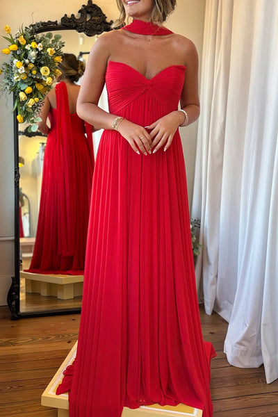 Cute A Line V Neck Red Pleat Chiffon Long Prom Dress with Slit VK26030803