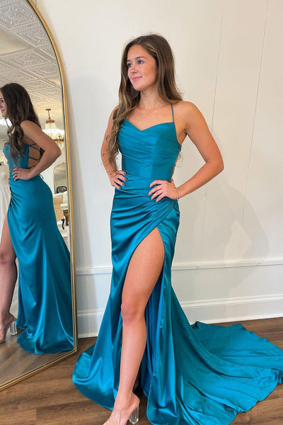 Peacock Blue Spaghetti Straps Satin Mermaid Prom Dresses with Slit VK23120306