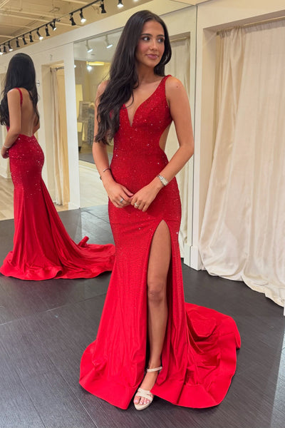 Sparkly Mermaid V Neck Red Hot Fix Satin Prom Dress with Slit VK16012909