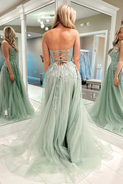 A-Line Sweetheart Sage Green Tulle Lace Long Prom Dresses VK23091005