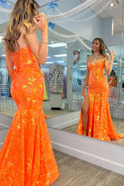 Mermaid V Neck Orange Sequins Lace Long Prom Dress VK071704