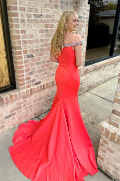 Red Satin Off the Shoulder Mermaid Long Prom Dresses VK23120305